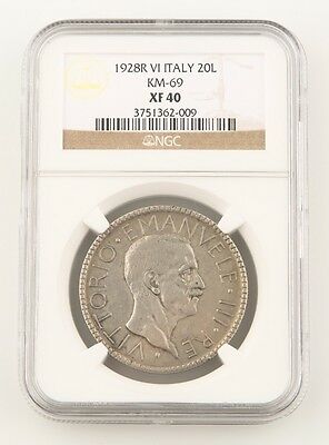 1928-R VI Italy 20 Lire Silver Coin XF-40 NGC Vittorio Emanuele Rome Lira KM#69