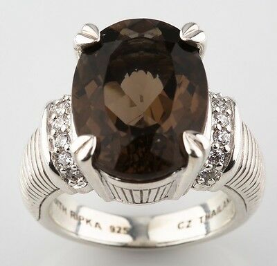 Judith Ripka Sterling Silver Smoky Quartz Prong-Set Ring Size 6.25 w/ CZ Accents