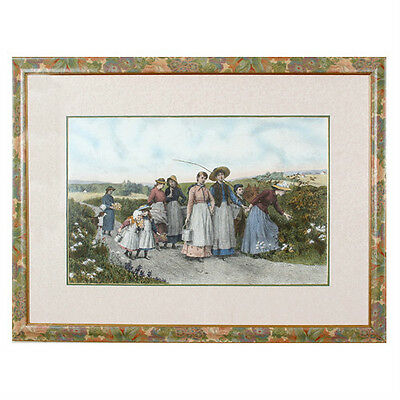 "The Berry Pickers" by Jennie Brownscombe Colored Aquatint Etching Framed 33x44