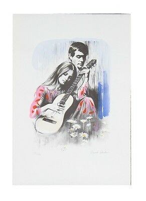 "Playing Guitar" by David Shalev Hand-Colored Lithograph on Paper LE of 150 CoA