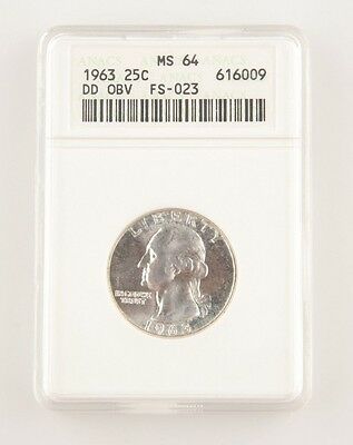 1963 25¢ Double Die Obverse FS-023 Washington Quarter Graded as MS-64 by ANACS