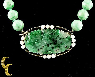 Imperial Jade, Pearl, 18k Yellow Gold Bead Necklace w/ Hand-Carved Pendant 18"