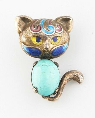 Vintage Silver Cat Enamel & Turquoise Brooch Nice Toning Great Condition!