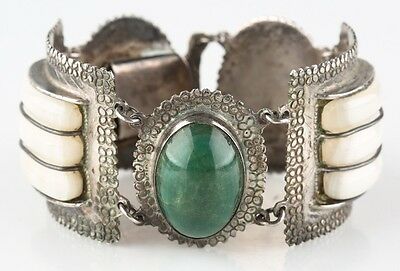 Vtg Mexican Silver Green/White (Jade/Quartz) Gemstone Cuff Bracelet 7" 112.6 g
