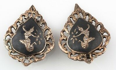 VINTAGE SIAMESE STERLING SILVER AND NIELLO ETCHED FILIGREE CLIP-ON EARRINGS