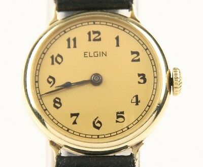 Vintage Ladies Elgin 14k Yellow Gold Hand-Winding Watch w/ Leather Strap