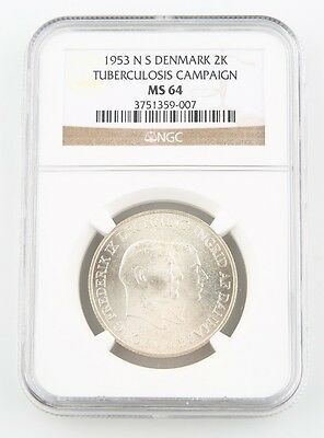1953-H NS Denmark 2 Kroner Silver Coin MS-64 NGC Greenland Tuberculosis KM-844