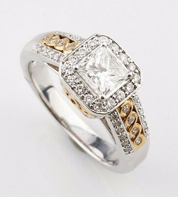 1.21 Carat Princess Cut Diamond Halo Set 14k White & Yellow Gold Engagement Ring