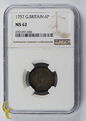 1757 Great Britain 6 Pence in MS 62 By NGC 6P Silver Coin KM-582.2