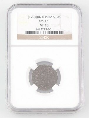 (1705)BK Russia 10 Kopek Silver Coin VF-30 NGC Slabbed Peter the Great KM#121