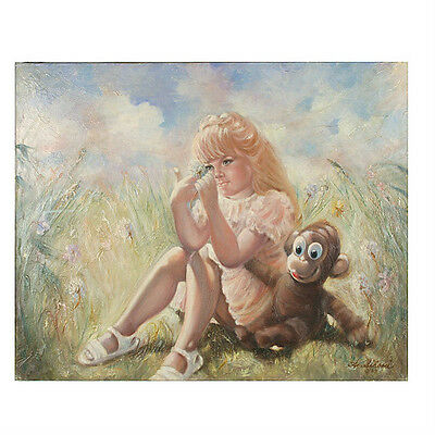 Untitled (Girl w/ Stuffed Monkey) By Anthony Sidoni Signed Oil on Canvas 24"x30"