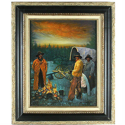 "Keeping Warm" (3 Men by Fire w/ Wagon) By Anthony Sordini Signed Oil Painting