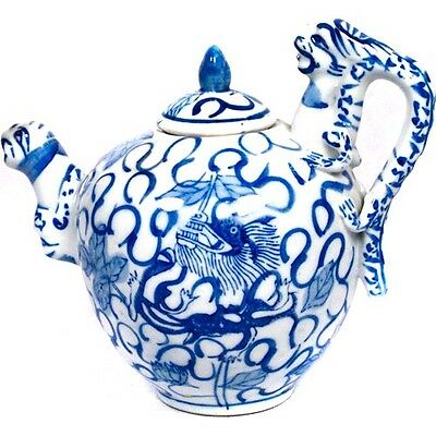 Chinese Blue & White Porcelain Teapot Multiple Dragons Flowers Signed w/ Lid