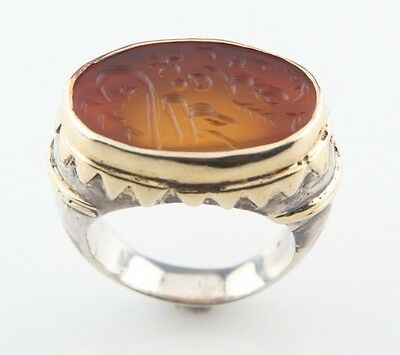 VINTAGE STERLING SILVER AND GOLD PLATED, GOLDEN INTAGLIO GLASS RING