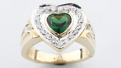 14K Yellow Gold Ladies Diamond Heart Shaped Green Tourmaline Ring Beautiful Gift