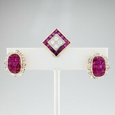 5.75 carat Ruby & 1.35 carat Diamond 18k Yellow Gold Earring and Pendant Set