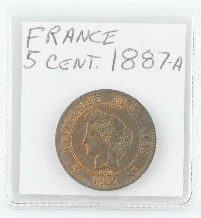 1887 France 5 Centimes Coin Red/Brown KM#821.1