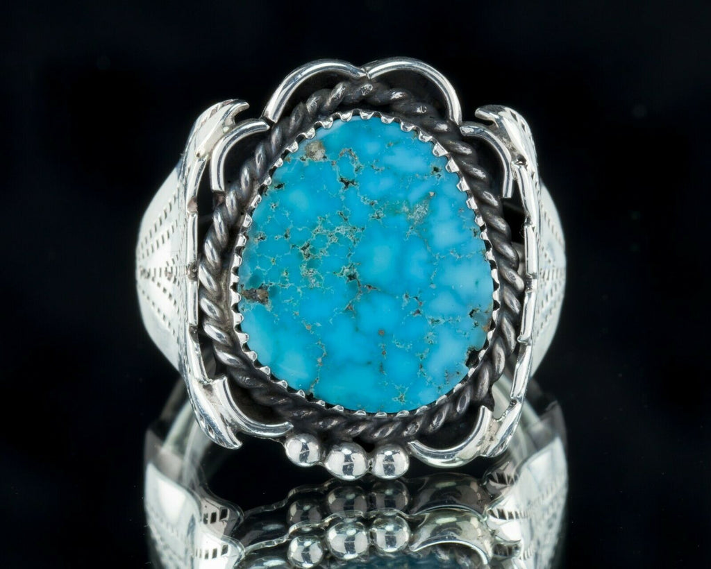 Joe Tso Hand Cut Blue Turquoise Ring Set In Sterling Silver Size 11.50