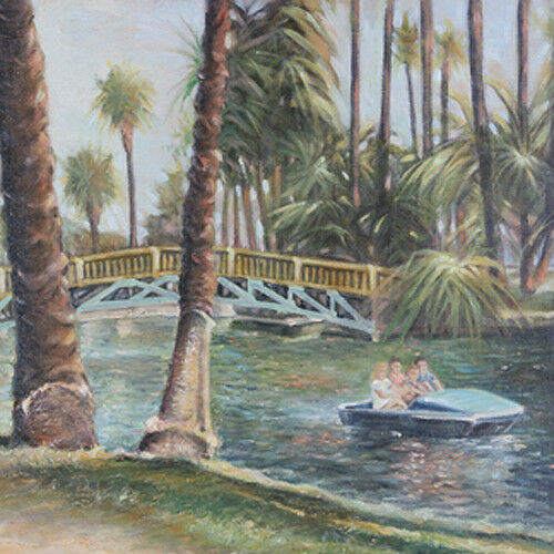 Recreation along the River (River w/ Palm Trees & Paddle Boat) By A. Sidoni Signed Oil on Canvas