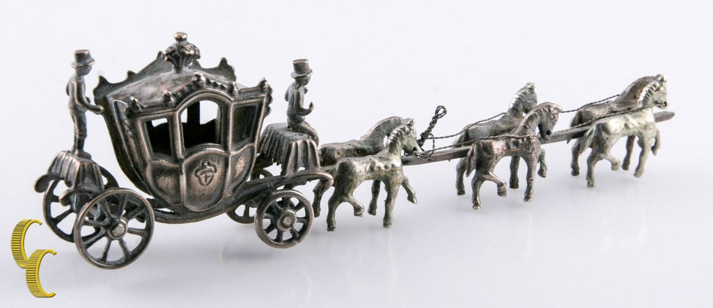 Miniature Men w/Horses & Carriage Silver Vintage Dollhouse Figurine
