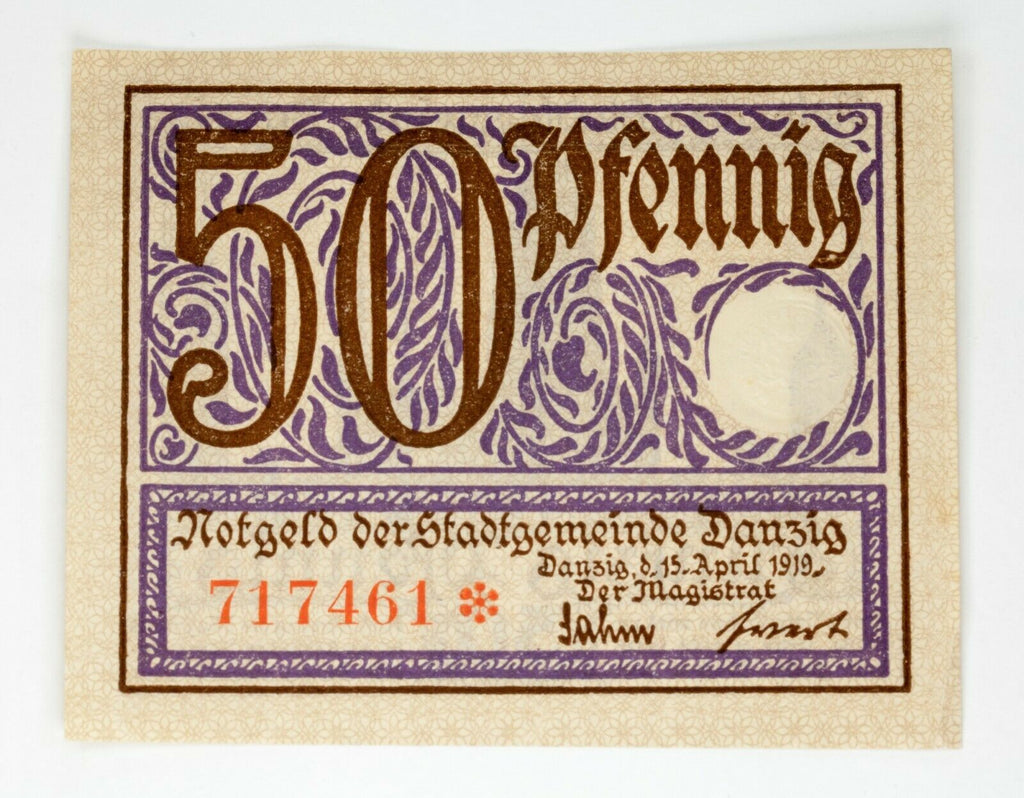 1919 Free City of Danzig 50 Pfennig Notgeld (Extra Fine XF) Gdansk Poland