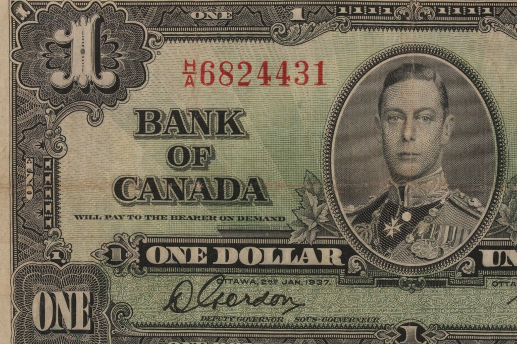 1937 Canada One Dollar Banknote // Fine (F) Condition // Gordon-Towers P#58b