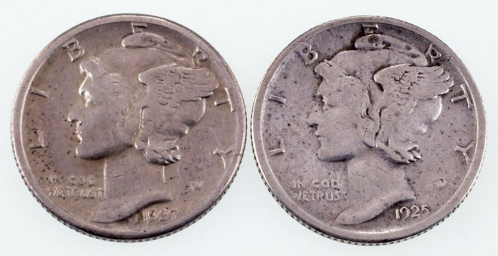 Lot of 2 Mercury Dimes (1925-S + 1927-S) in VF Condition with Light Toning