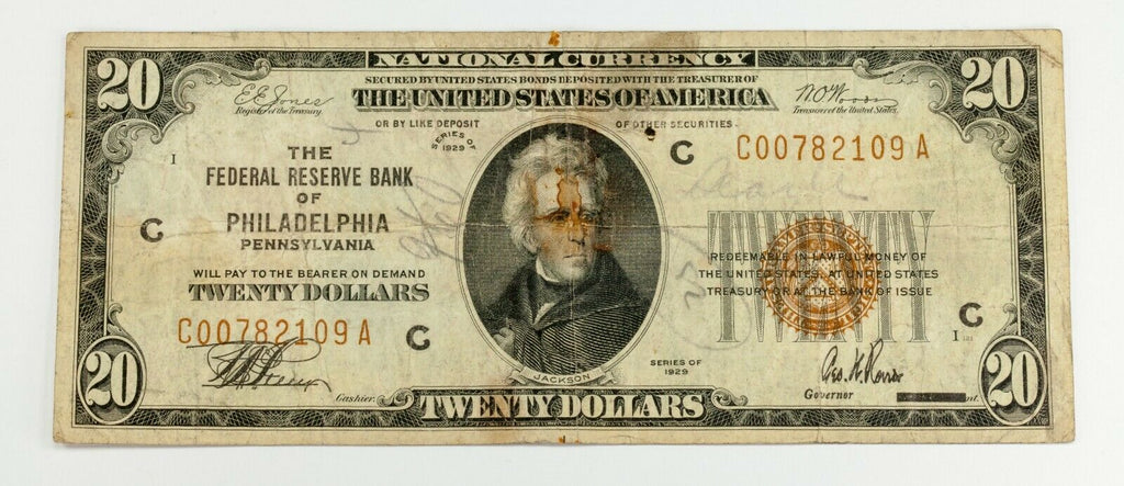 Series of 1929 $20 National Currency Note Philadelphia VG Condition Fr 1870-C