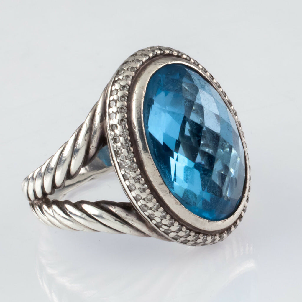 David Yurman Sterling Silver Signature Blue Topaz Ring w/ Diamond Accents Size 6