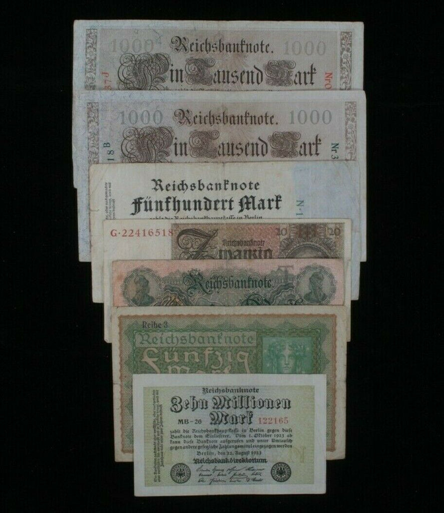 1910-1929 Germany 7-Notes Set // Empire 50-1000 Mark & Weimar 20-10000000 Mark
