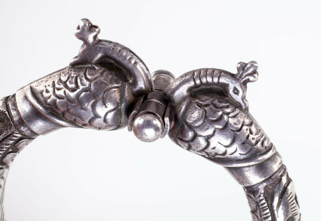 Vintage Tribal India Chitai Peacock Silver Cuff Bracelet, Hand Carved