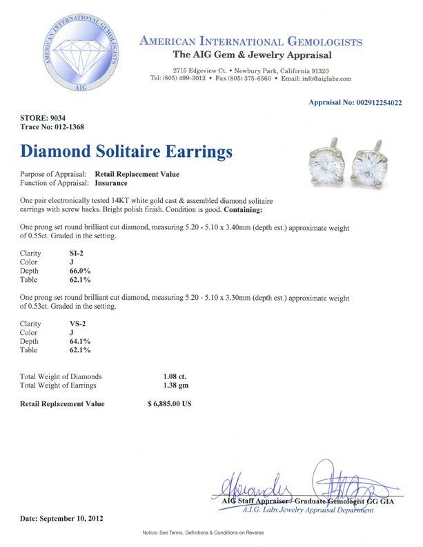 14k White Gold Diamond Solitaire Earrings w/ Screw Backs TDW = 1.08 Ct
