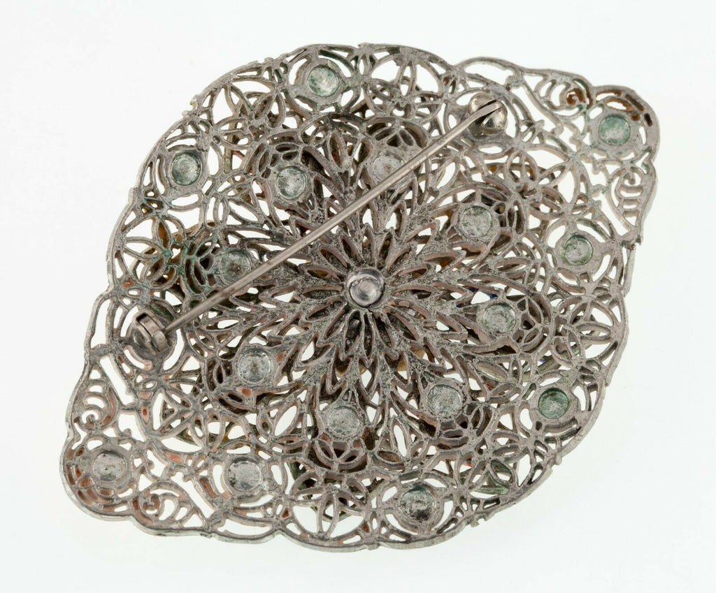 Gorgeous, Unique Sterling Silver Hand-Painted Filigree Rhinestone Brooch