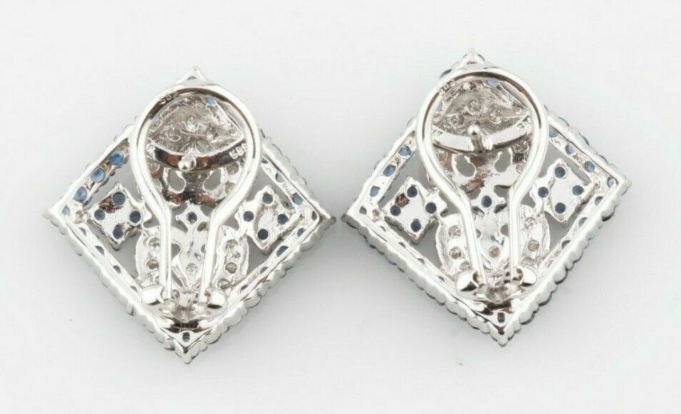 Gorgeous 14k White Gold Diamond and Sapphire Plaque Earrings TCW = 3 ct
