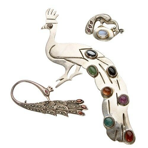 WONDERFUL THREE (3) STERLING SILVER PEACOCK AND GEMSTONES BROOCHES & PENDANT