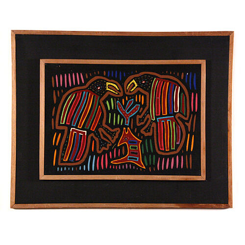 Indian Framed Multicolor Hand Made "Toucans" Embroidery