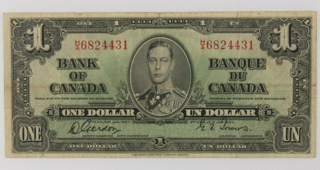 1937 Canada One Dollar Banknote // Fine (F) Condition // Gordon-Towers P#58b