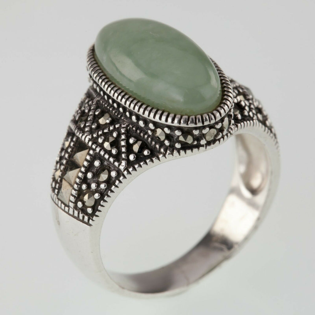 Beautiful Green Jade and Marcasite Sterling Silver Ring Sz 9