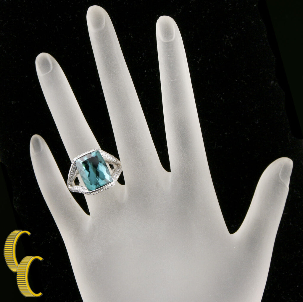 Indicolite Tourmaline & Diamond 18k White Gold Ladies Ring Size 5.5