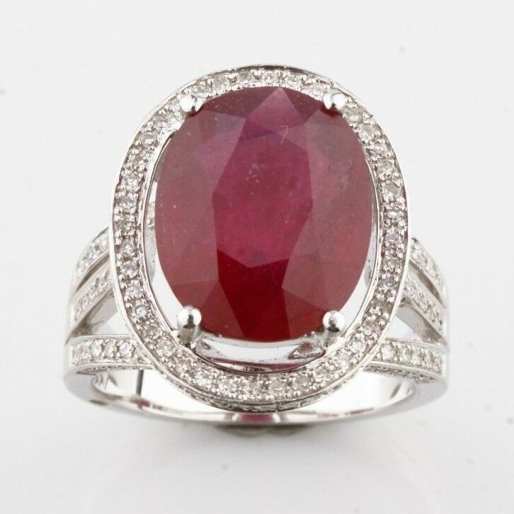 Ruby and Diamond Halo 14k White Gold Cocktail Ring Size 6.75