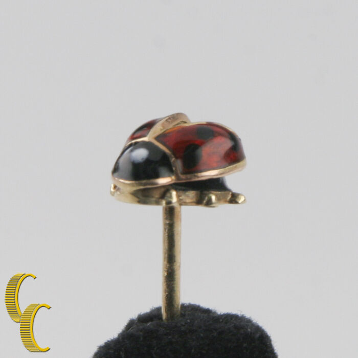 Vintage 14k Yellow Gold Lady Bug Pin Brooch Black and Red Enamel Germany