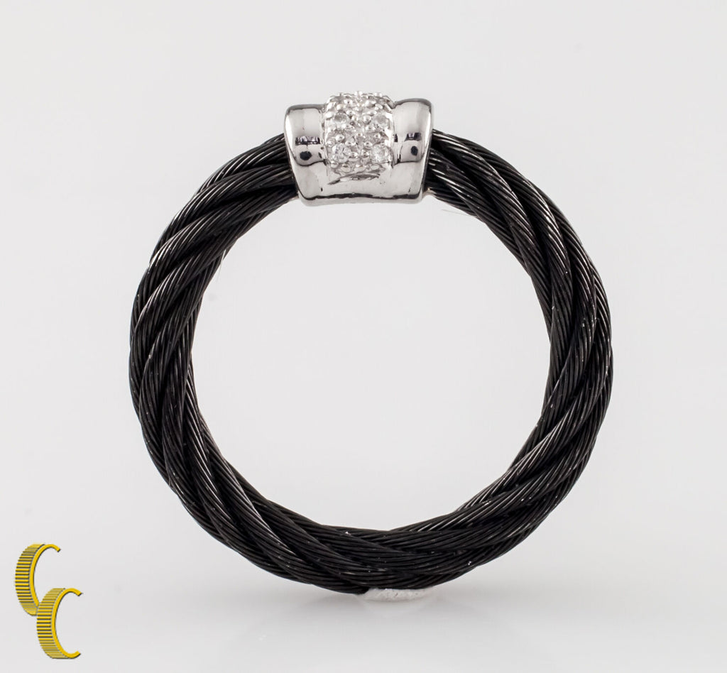 Charriol 18K White Gold / Diamond Black Cable Ring Celtic Noir Collection 6.25