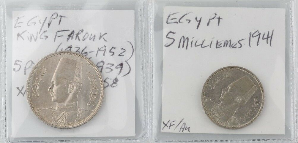 2 Egyptian coins Egypt 1939 5 Piastre 1941 5 Milliemes Almost Uncirculated - XF