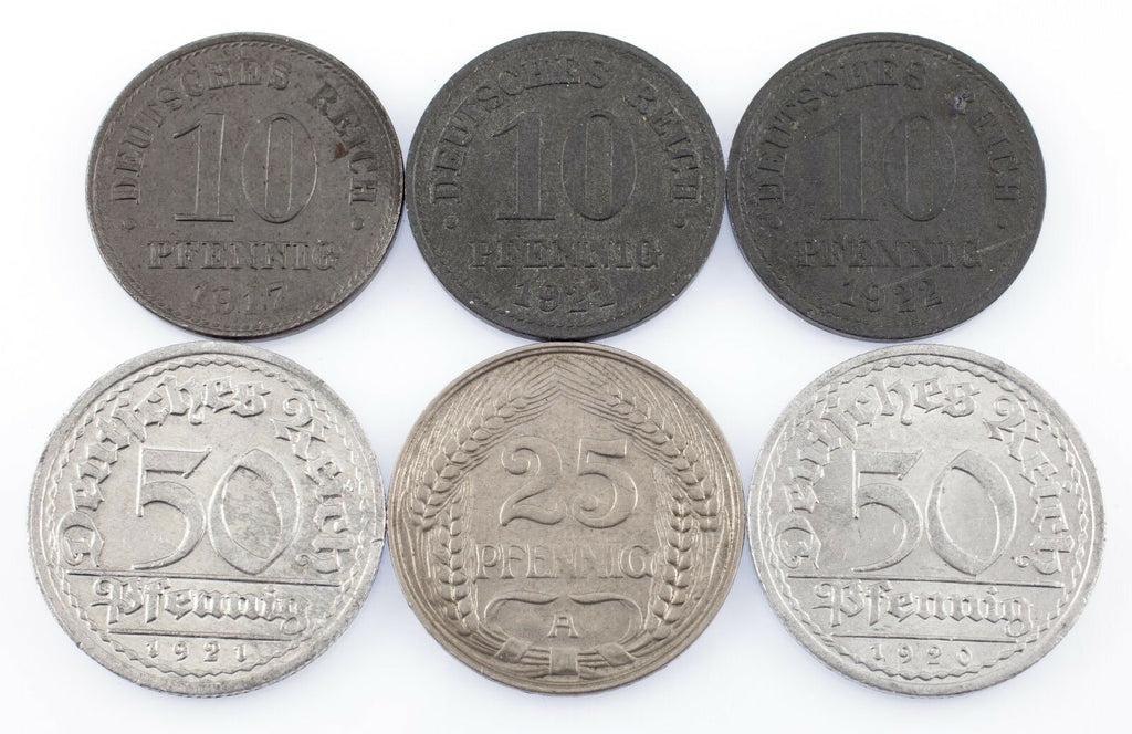 Lot of 6 German Empire & Weimar Republic Coins (1910 - 1922 10 Pf - 50 Pf)