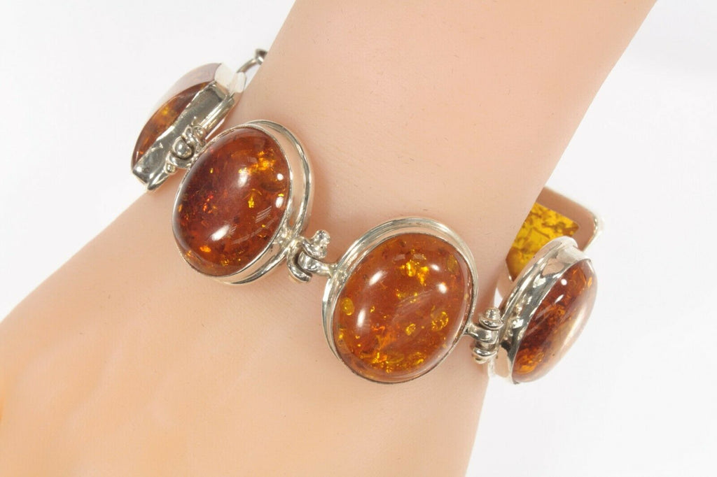 Wide Five Stone Amber Statement Piece Sterling Silver Toggle Bracelet!