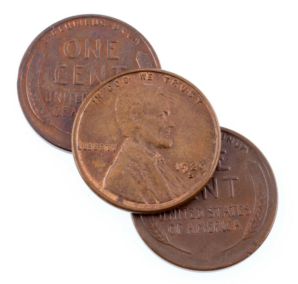 Lot of 3 Lincoln Wheat Cents (1929-P, D, and S) in AU to Unc Condition. Nice Set