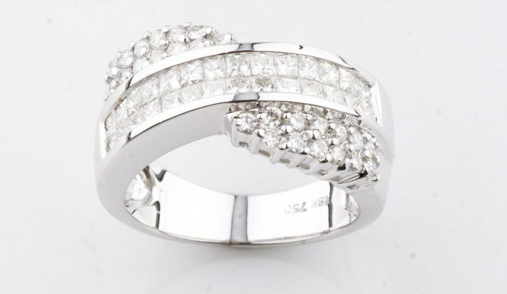 Retro 18K White Gold Princess & Round Diamond Journey Ring Beautiful Gift!