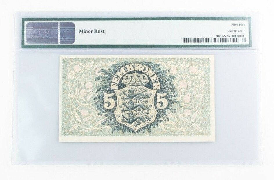 1920 Denmark 5 Kroner Note (AU-55 NET PMG) National Bank Danmark Five Kr P-20g