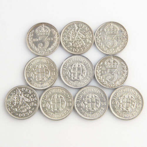 1904-1944 Great Britain Threepence Lot (VF-MS, 10 coins) Silver 3 Pence England