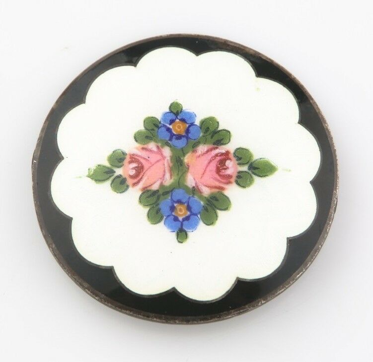 Vintage Sterling Silver Norwegian Enamel Guilloché & Hand-Painted Flower Brooch